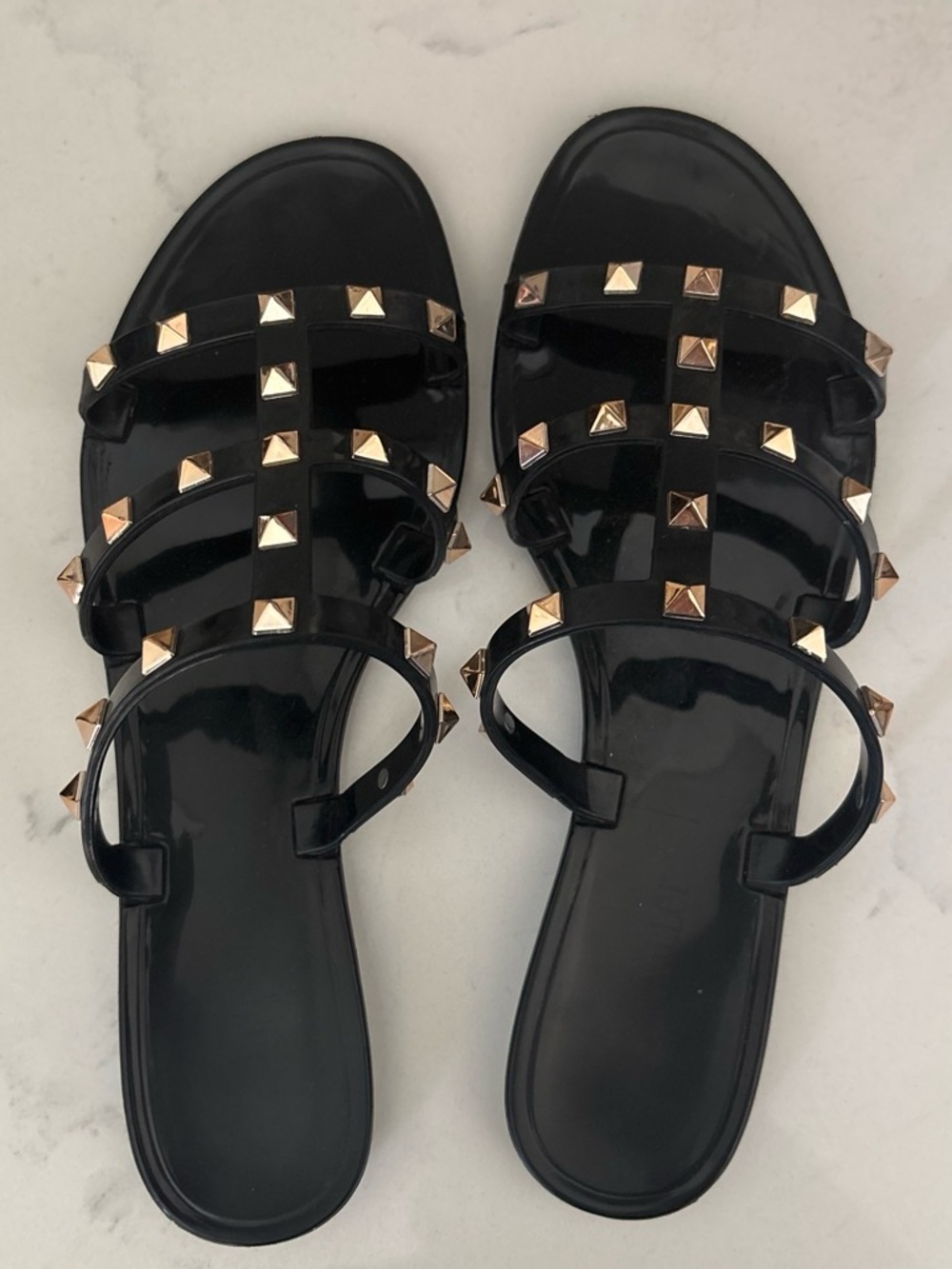 Black Studded Patent Slide Sandals - Women